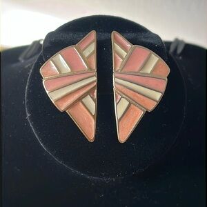 Vintage Trifari Pink & Cream Enamel Geometric Fan Earrings Gold Tone Pierced